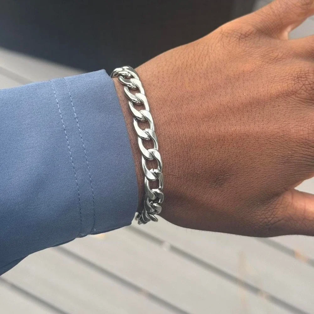 Silver Cuban Chain Bracelet Mens Chunky Statement Jewelry 7.5 Inch